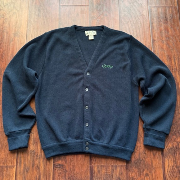 Vintage IZOD Golf Cardigan Sweater 90s Mens Large Navy Blue Embroidered Logo - Picture 2 of 16